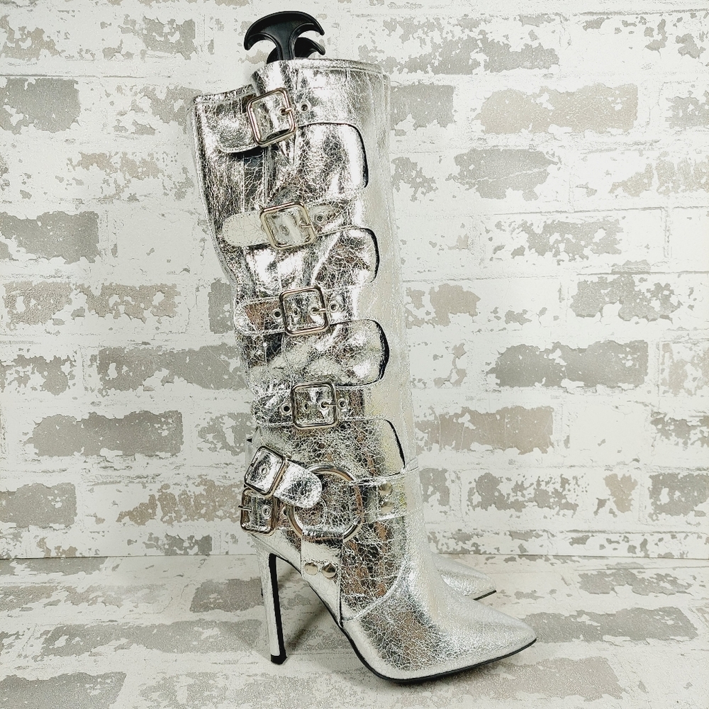 New Wild Diva Look At Me Silver Faux Leather High Heel Harness Knee Boots K759 - Picture 6 of 11